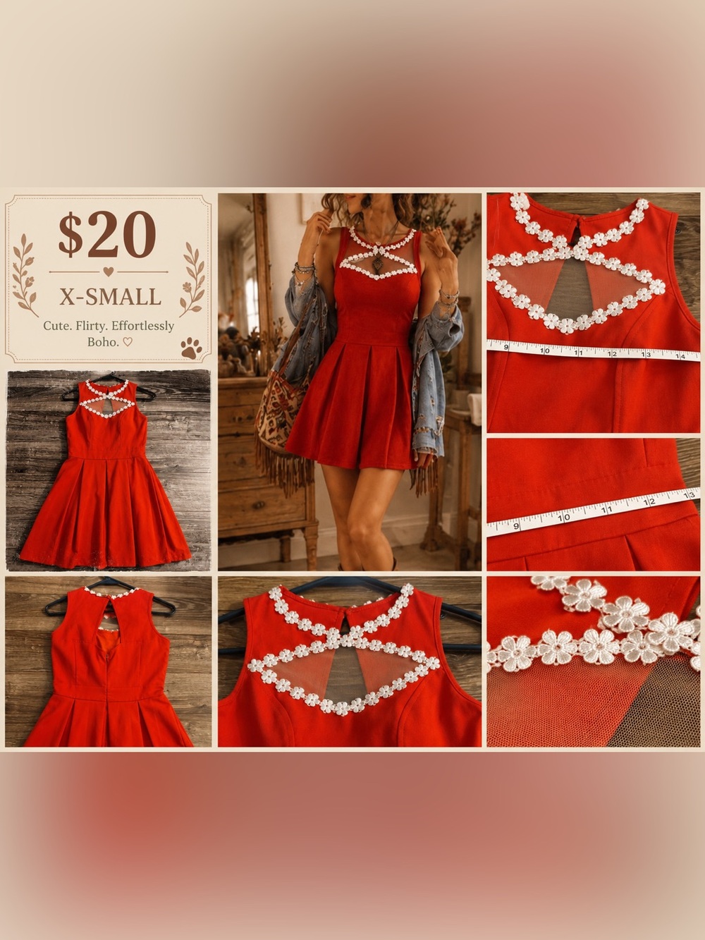 Vintage Red Fit & Flare Dress with White Floral Lace Trim & Sheer Neckline XS
